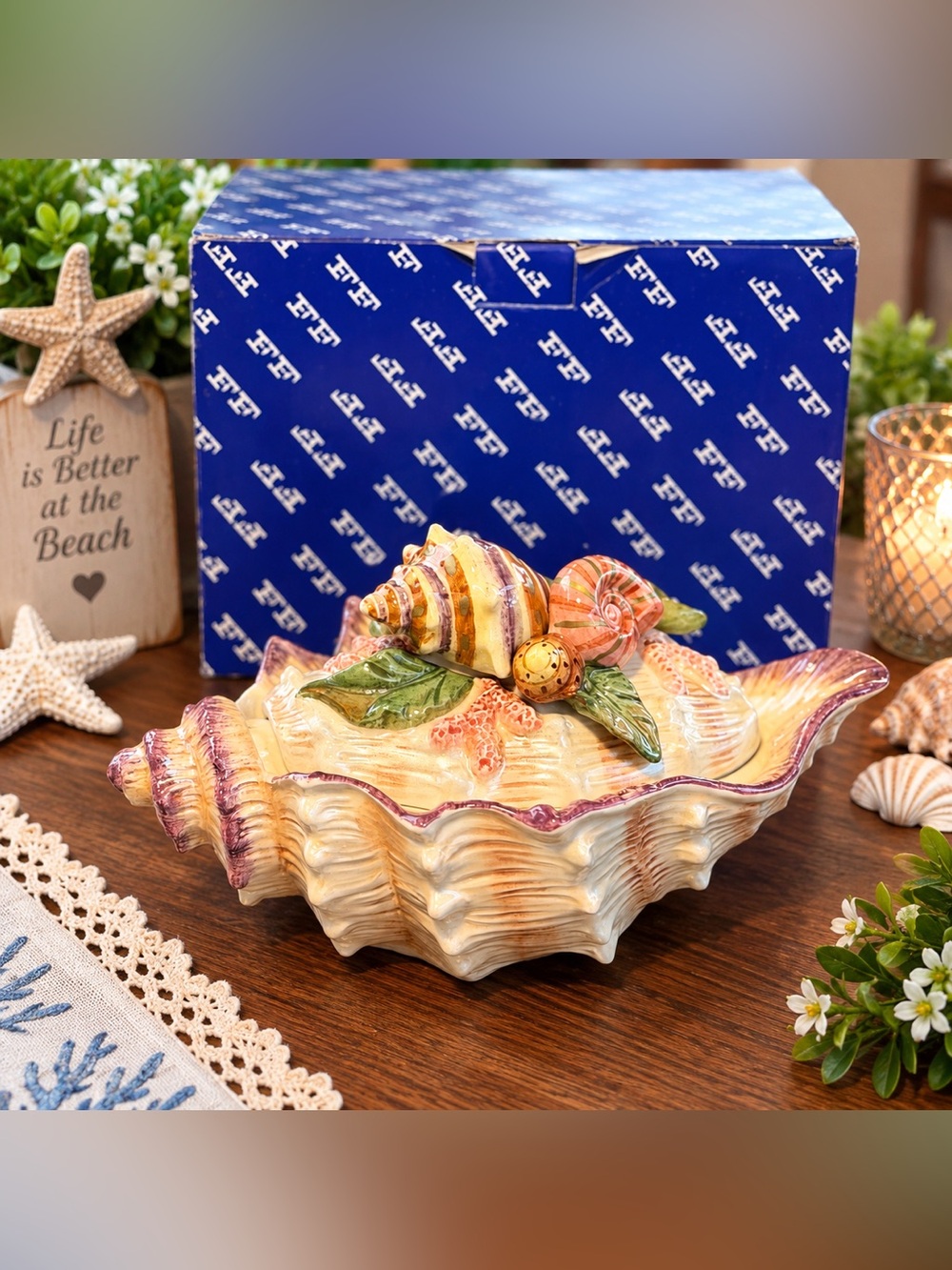 Vintage 1990s Fitz & Floyd Oceana Covered Condiment Dish Seashell 68/34 w/ Box